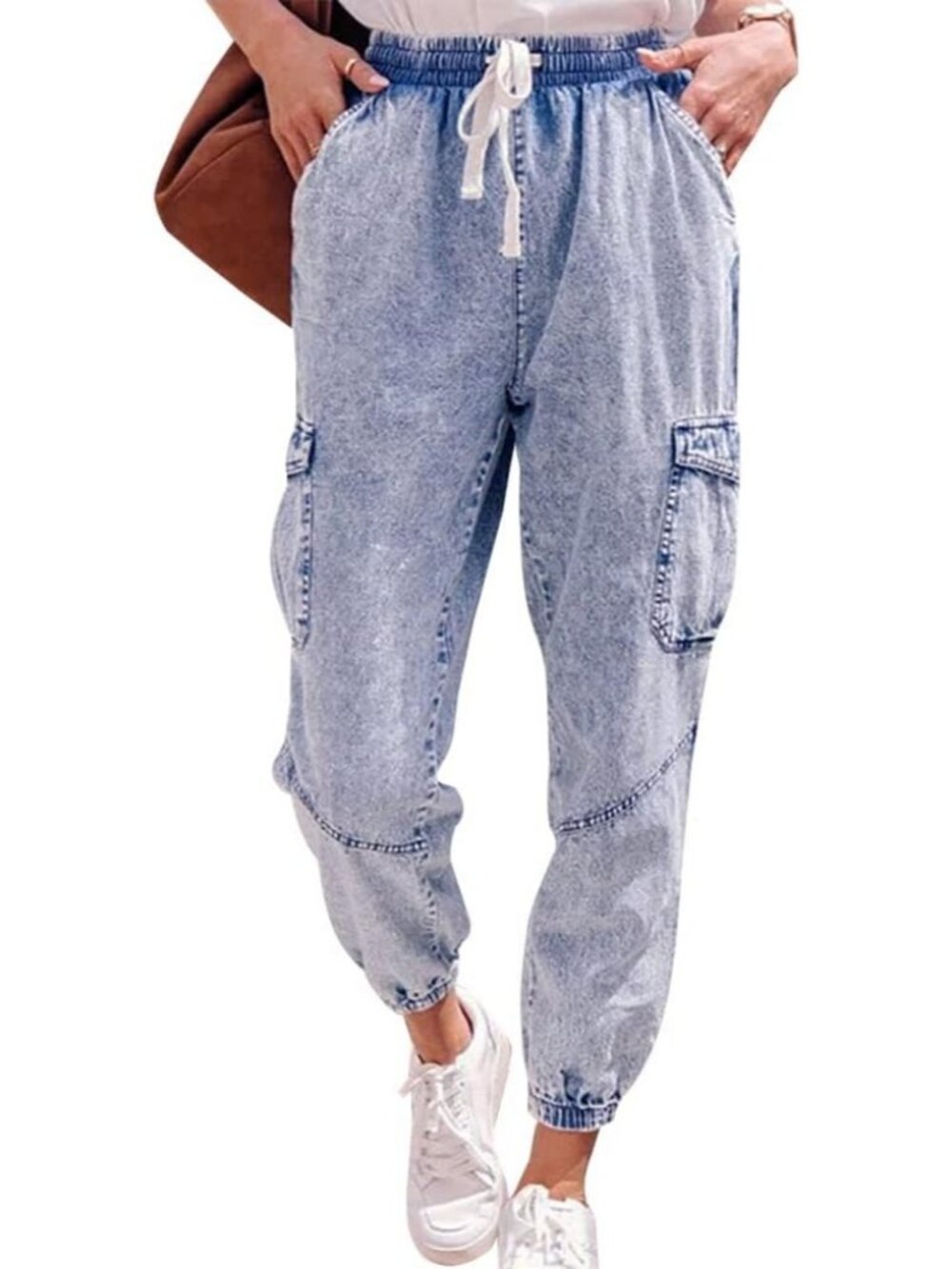 Women's Light Blue Denim Drawstring Elastic Y2k High Waisted Pull On Baggy Jeans